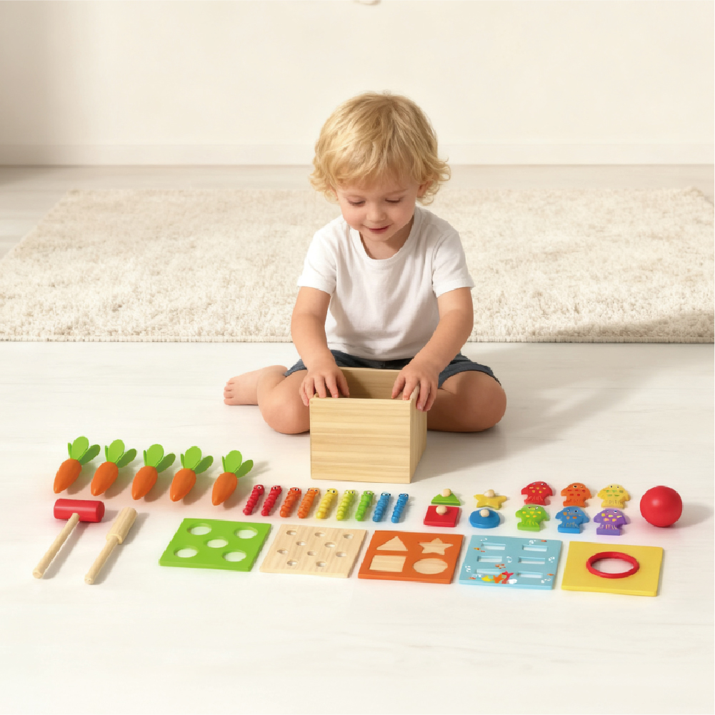 Wooden Montessori Baby Toys 5 in 1 Wooden Game Set Busy Box Set Toys