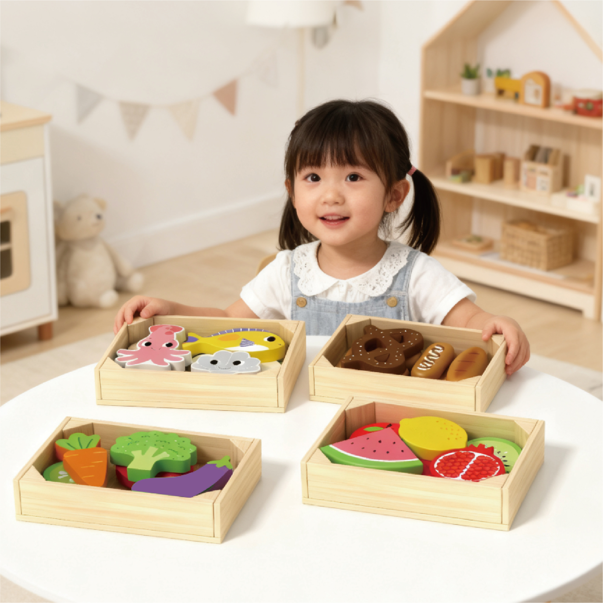 Wooden fruit vegetables seafood bread set Kitchen accessories toys Wooden pretend game simulation kitchen toys