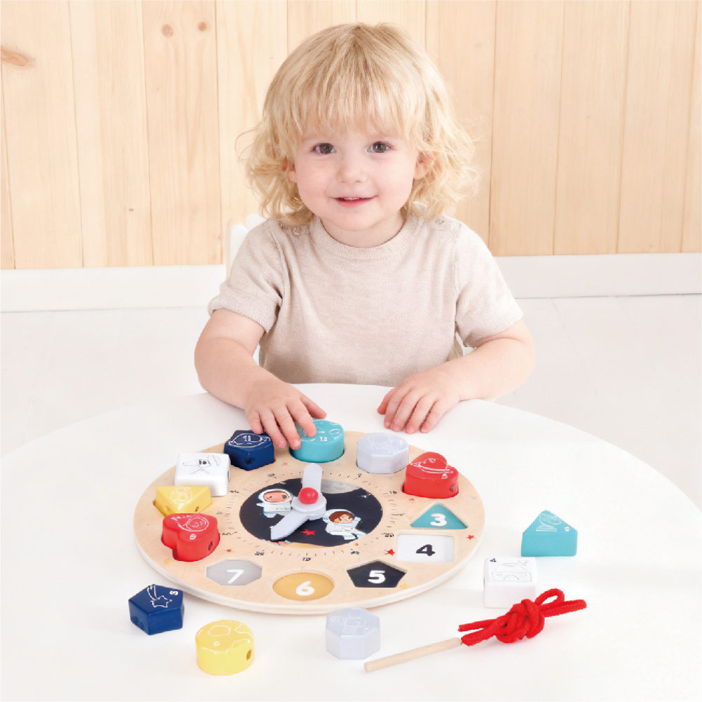 Wooden space clock puzzle children learning geometric bead digital clock toys