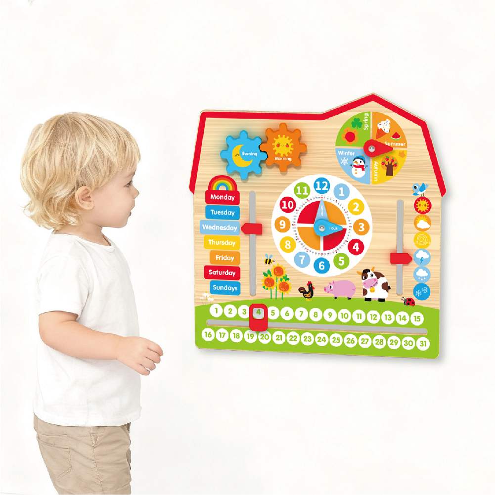 Montessori farm body calendar educational wooden learning toys, analog clock, calendar, weather, season, time, week, suitable for preschool children's learning toys