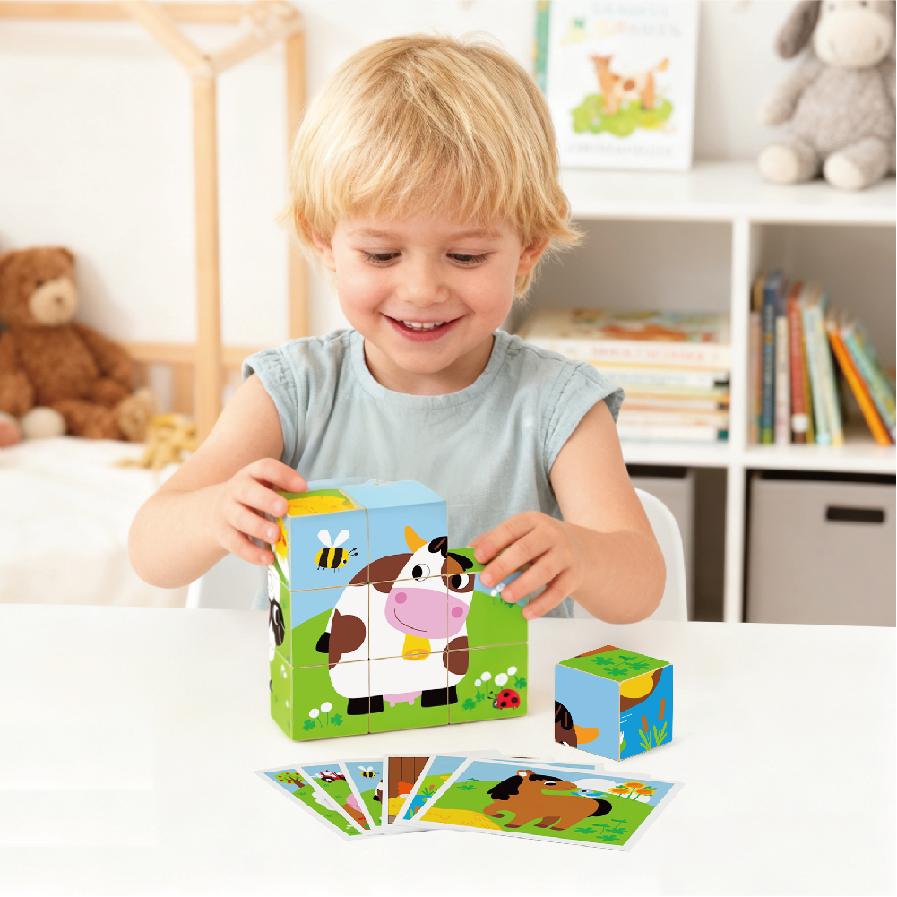 Wooden six-sided farm building block puzzle, 3D early education educational toy, wooden six-sided nine-piece building block with painting three-dimensional puzzle