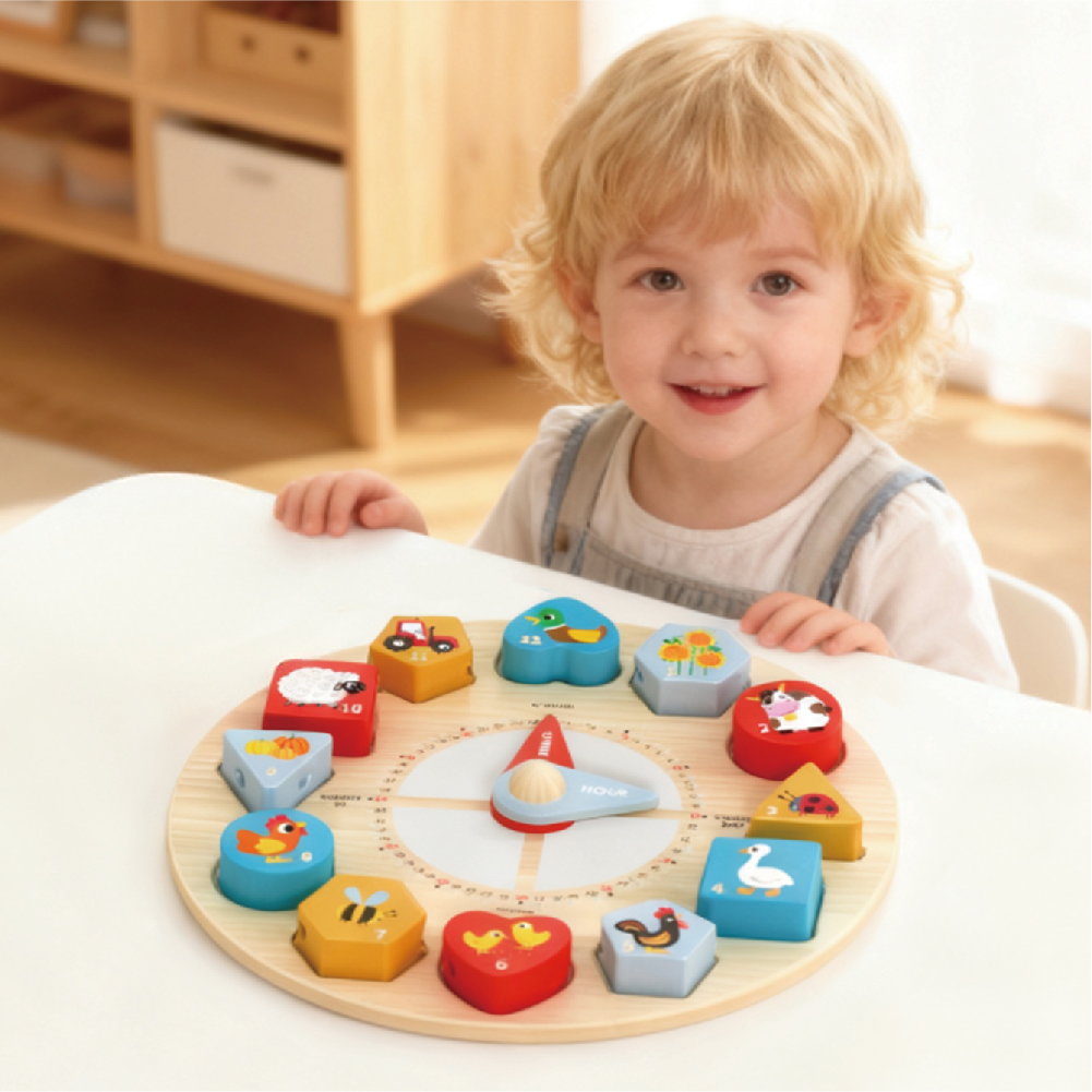 Wooden Clock Educational Toy With String