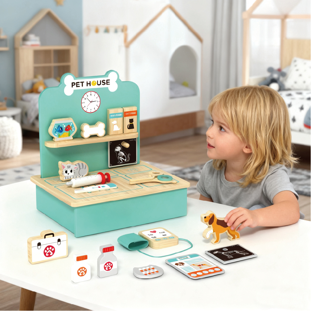 Mini wooden pet hospital set toy children role play pet doctor game