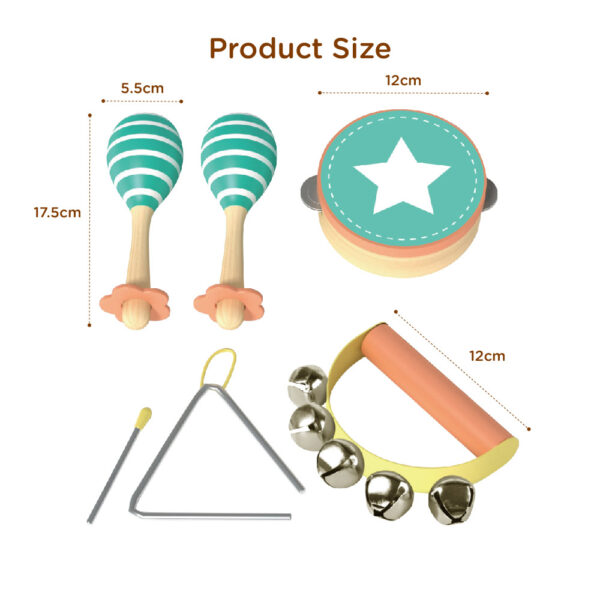 Children's Wooden Musical Instrument Set, Contains Maracas, Triangle Bells with Strike, Rattles, Tambourine Musical Toys for Toddlers and Kids, Rhythm and Educational Toys for Boys and Girls - Image 3