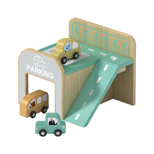 Wooden parking toy set with 3 mini wooden cars, double-story parking, role-play toys for boys and girls