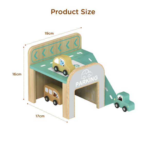 Wooden parking toy set with 3 mini wooden cars, double-story parking, role-play toys for boys and girls - Image 2