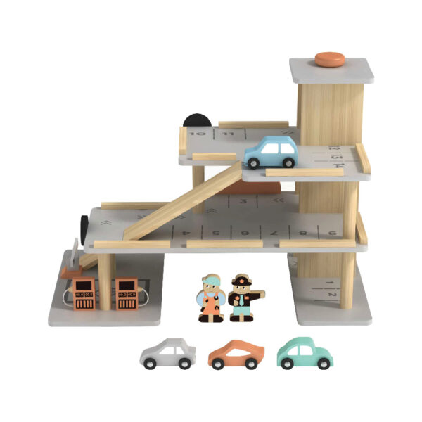 Wooden parking toy set, three-story parking lot with gas pumps, charging piles, ramps and elevators Preschool toys and role play - Image 2