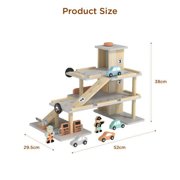 Wooden parking toy set, three-story parking lot with gas pumps, charging piles, ramps and elevators Preschool toys and role play - Image 3