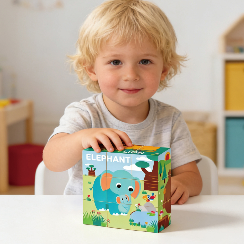 Wooden building block animal Rubik's cube puzzle, forest animal 9-piece wooden 6-sided puzzle, children's educational toys