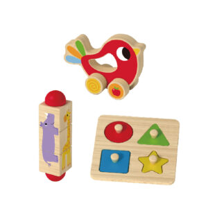 Montessori 3-in-1 wooden educational toy set, including shape puzzles, animal rotating blocks and animal drag toys, suitable for early childhood education.