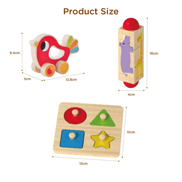 Montessori 3-in-1 wooden educational toy set, including shape puzzles, animal rotating blocks and animal drag toys, suitable for early childhood education. - Image 2