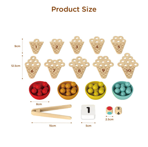 Wooden Montessori Toddler Toys, Children's Ice Cream Clip Beads, Color Sorting, Counting Toys, Fine Motor Math Educational Toys, Suitable for Boys and Girls - Image 3