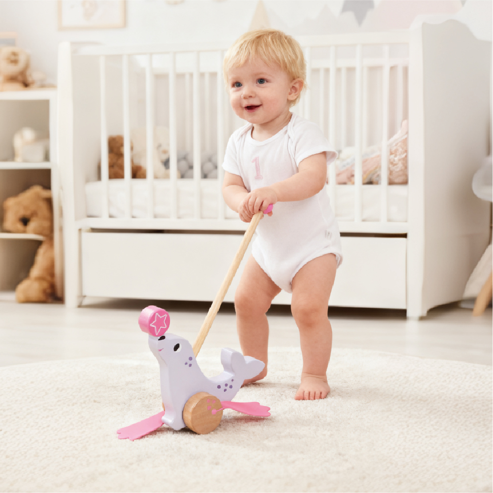 Wooden Dragging Toy Sea Lion Push Pull Walking Toy for Preschool Education